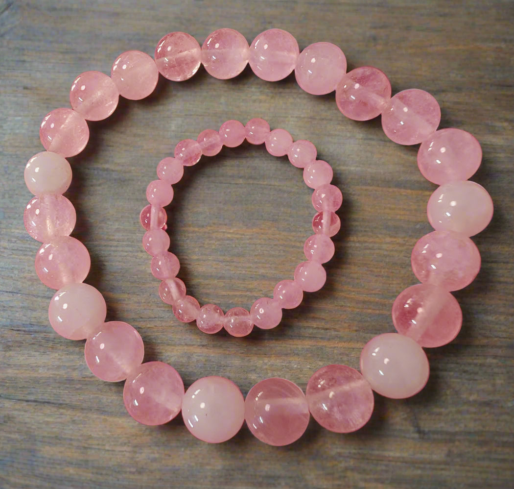 Rose Quartz Bracelets: Mother & Child Matching Set, Mississippi Handmade by Solid Rock Jewelry