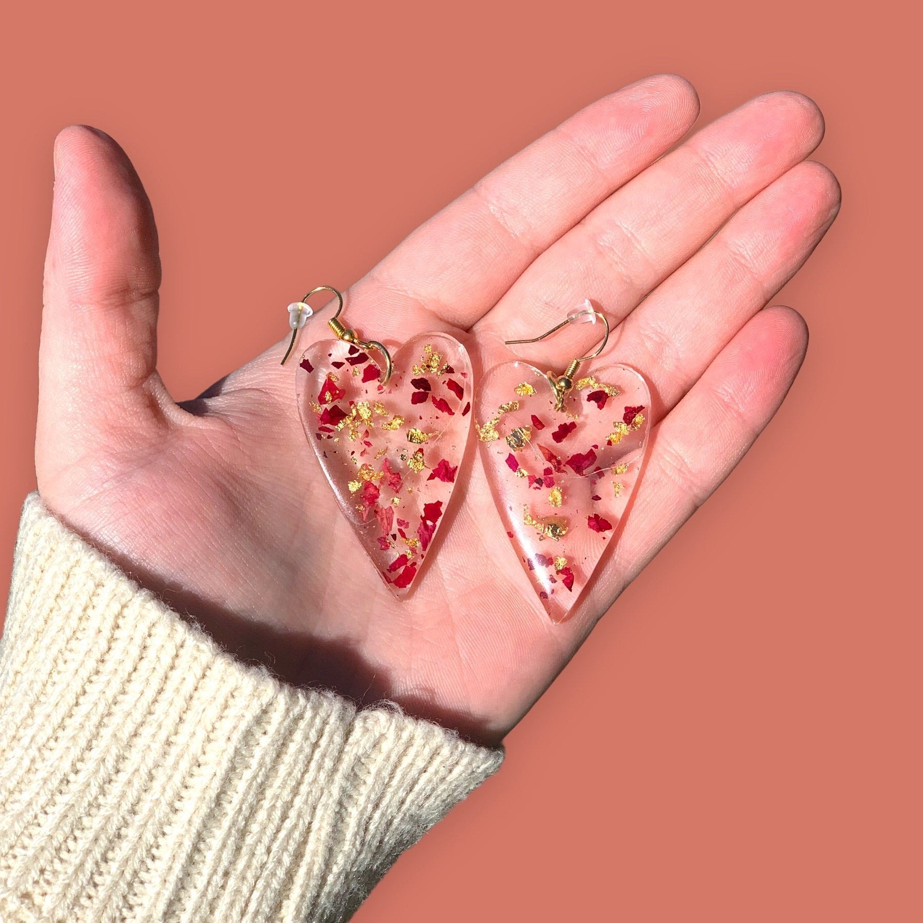 Handmade Heart Earrings: Rose & Gold Leaf Resin Jewelry by Main Street Collective