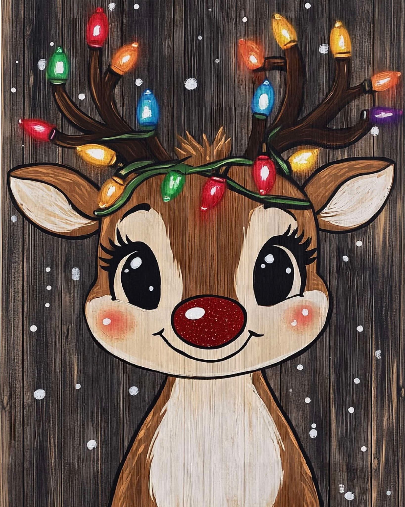 Christmas Painting of Rudolph with Christmas Lights on his antlers