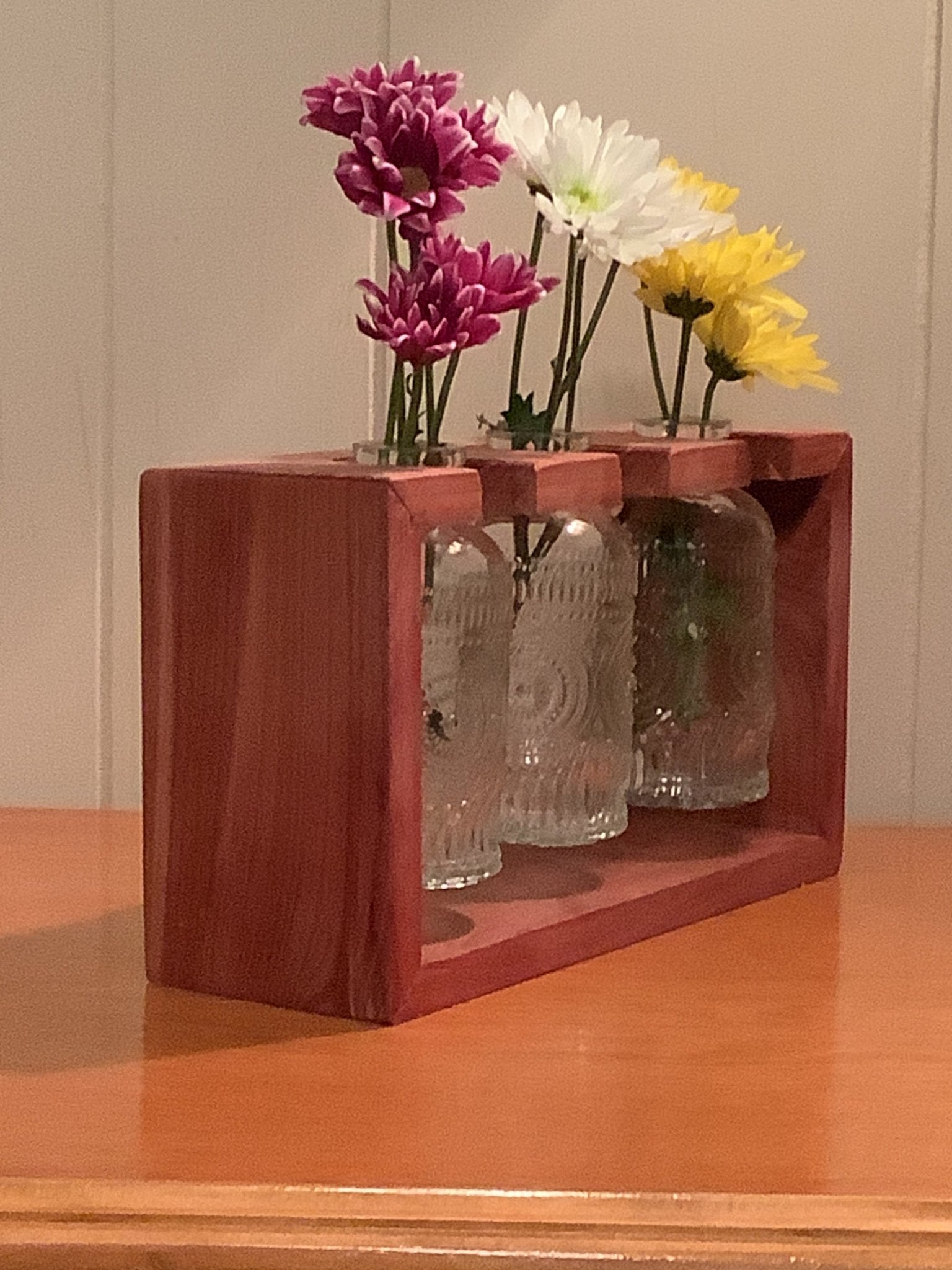 Triple Flower Vase Set: Rustic Handmade Wood Vase with Glass Bud Vases, Floral Decor, Table Centerpiece