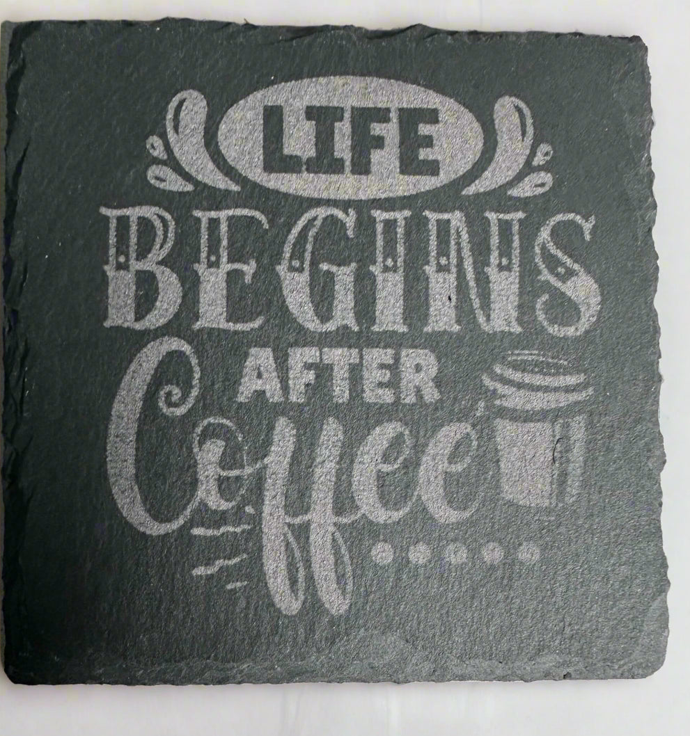 Coffee Coaster Slate - Life Begins After Coffee Quote Engraved, Rustic Drink Coaster