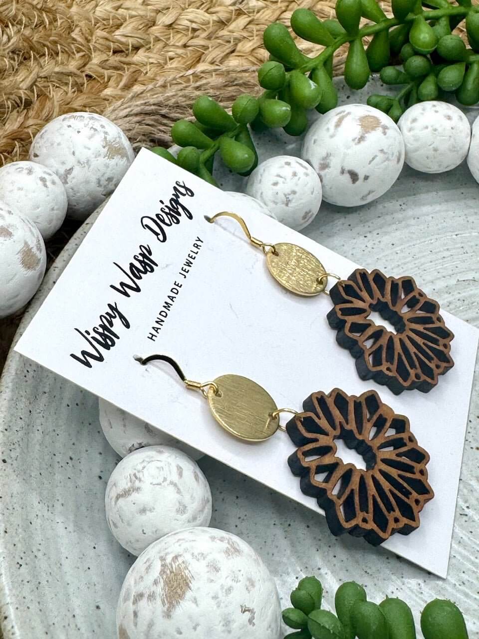 Handmade Wood Earrings: Geometric Boho Style - Walnut Earrings with Gold Accents by Wispy Wasp. Shop Now!
