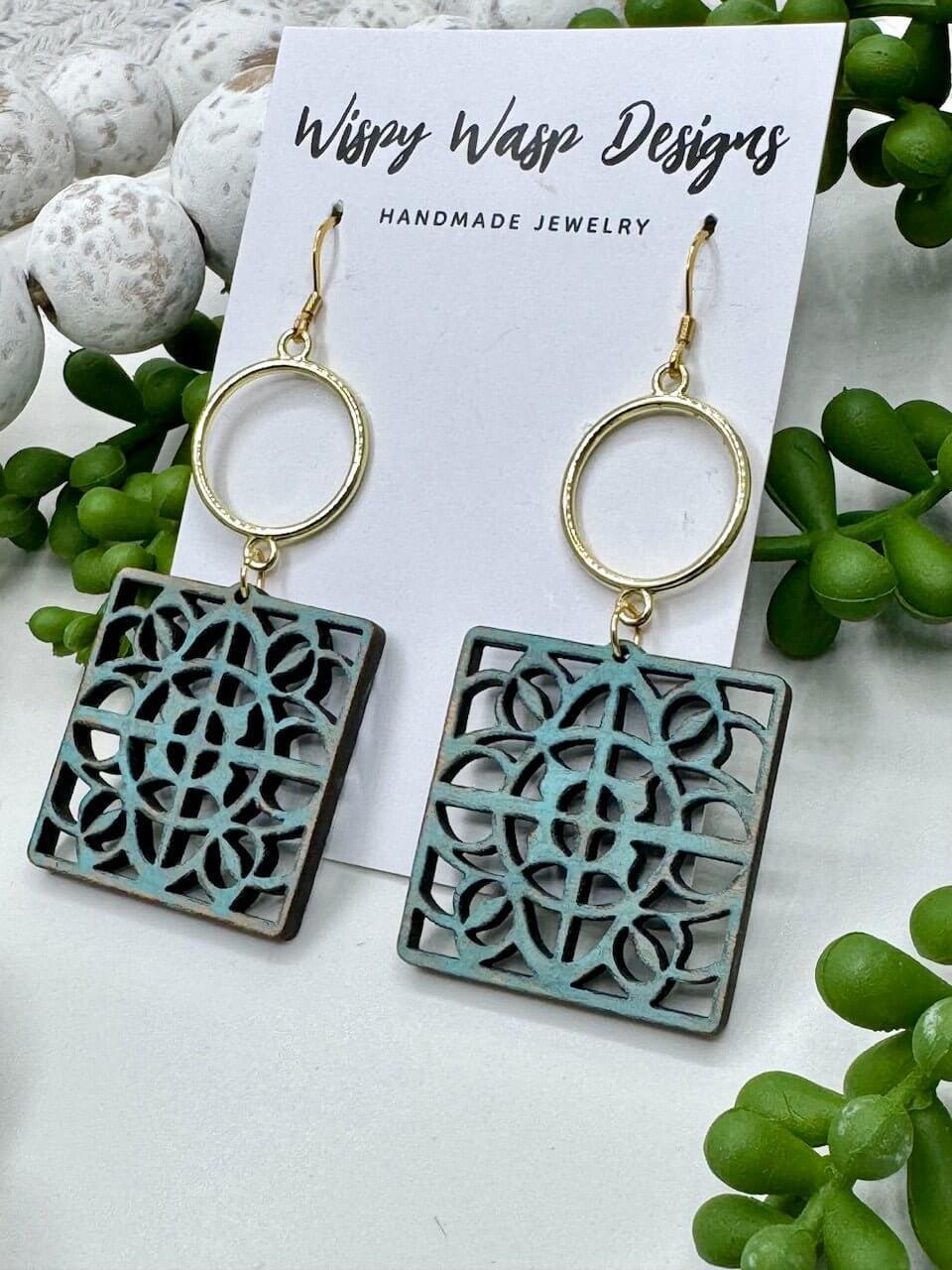Boho Wood Earrings: Handmade Walnut Dangle Earrings with Gold Accents - Rustic Geometric Design - Made in Mississippi, USA