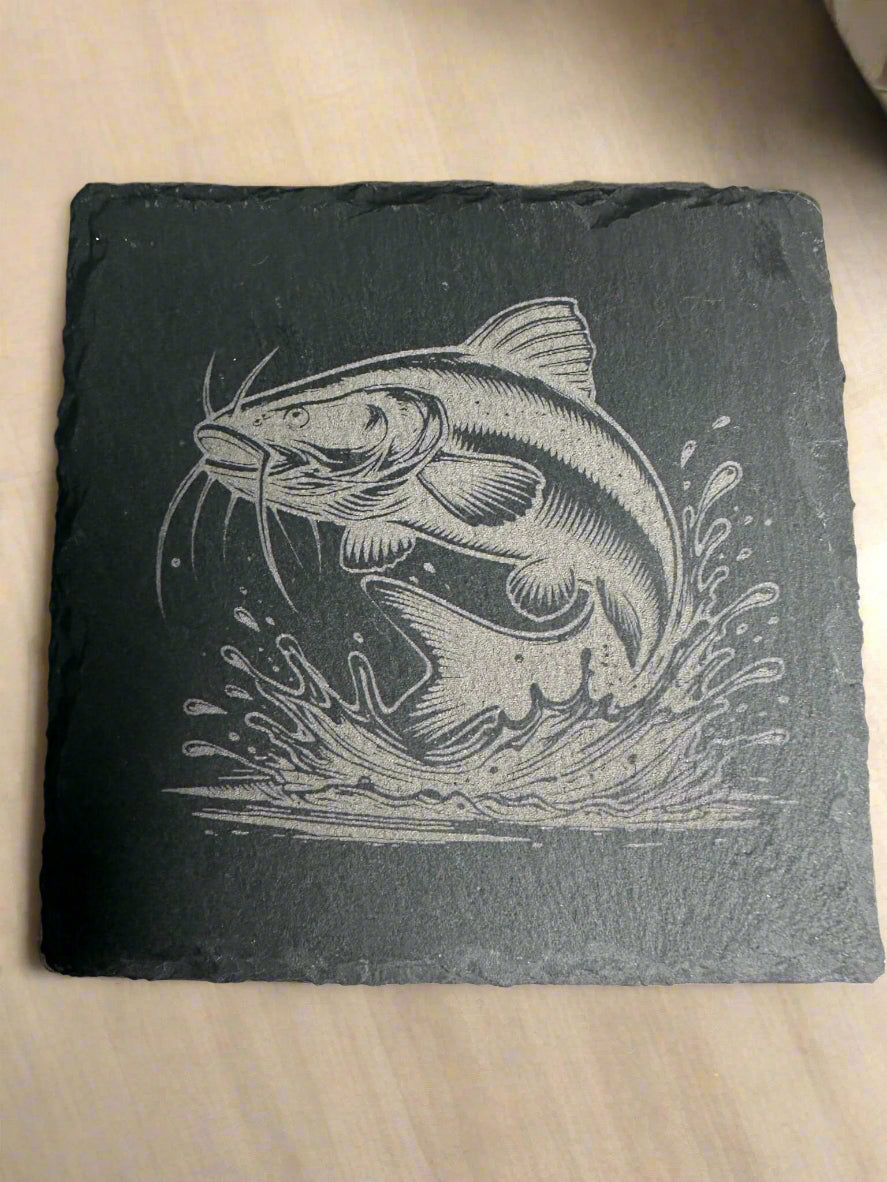 Engraved Catfish Slate Coaster - Rustic Fishing Decor - Handmade Drink Coaster, Mississippi Gift