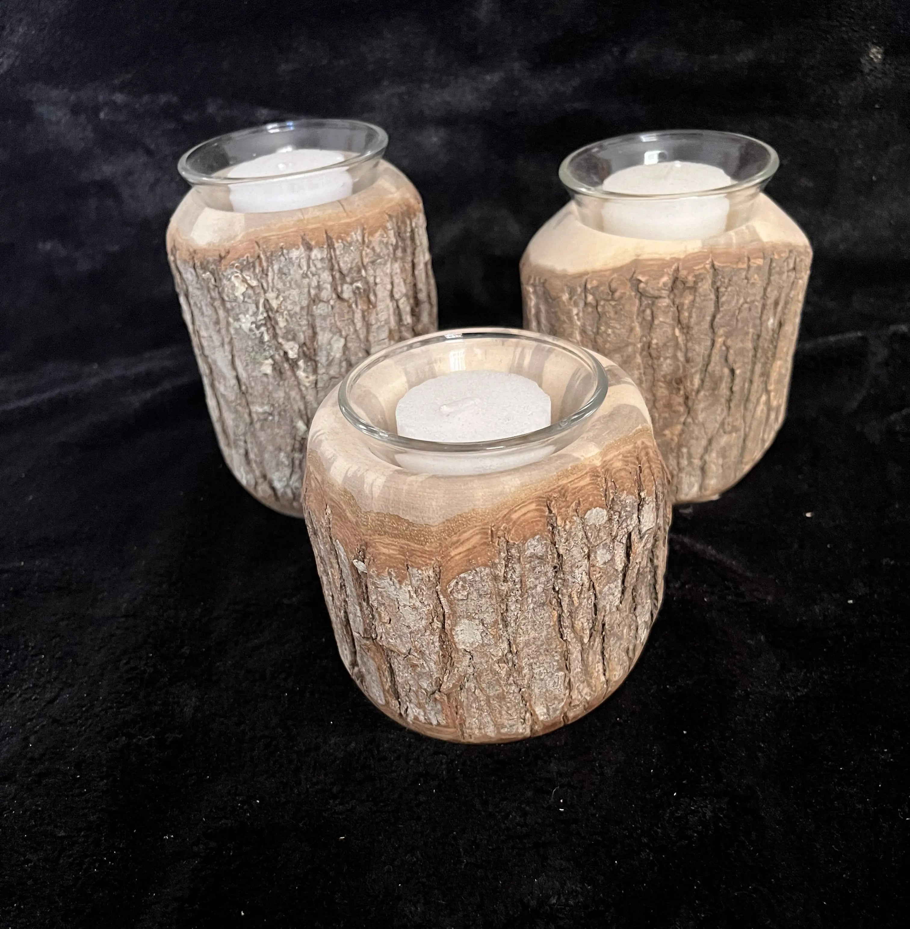 SET OF THREE RUSTIC CANDLE HOLDERS WITH GLASS AND CANDLES Paw Paw’s Woodshop of Mississippi