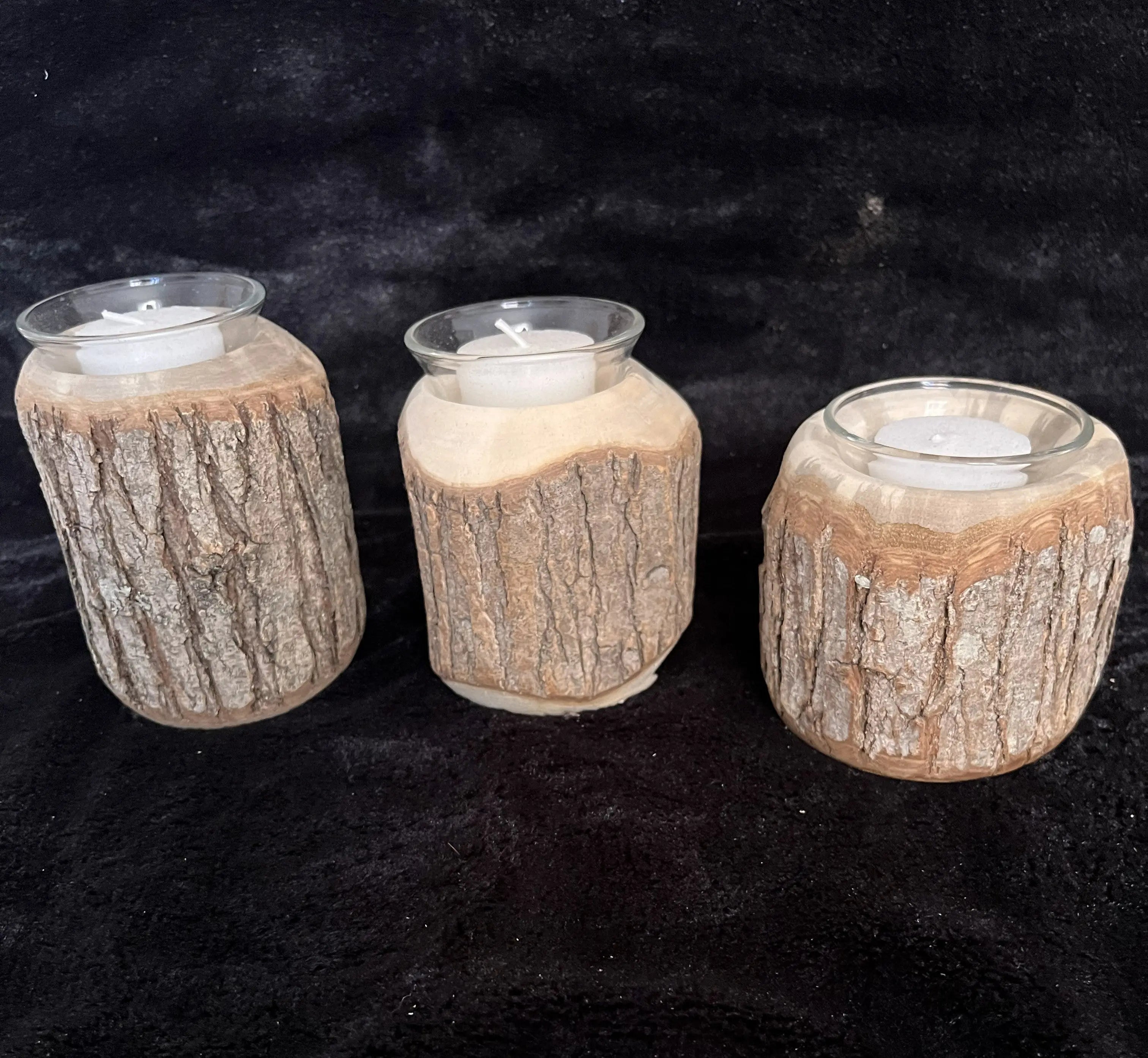 SET OF THREE RUSTIC CANDLE HOLDERS WITH GLASS AND CANDLES Paw Paw’s Woodshop of Mississippi