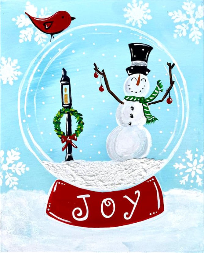 Snow globe painting on canvas with snowman, lamp post, and 'JOY' message. Christmas art.