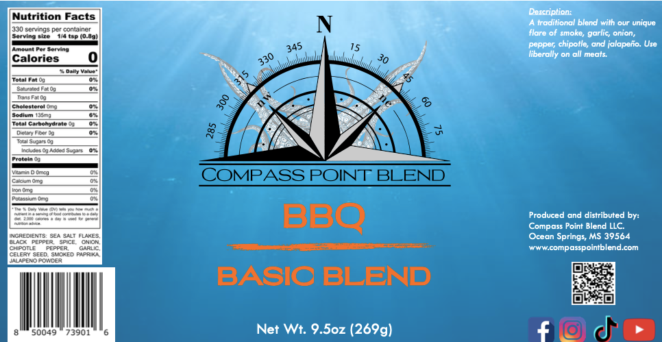 Compass Point Blend BBQ Seasoning Basic Blend-Smoked paprika, chili, onion & garlic- Barbecue spice rub for all meats