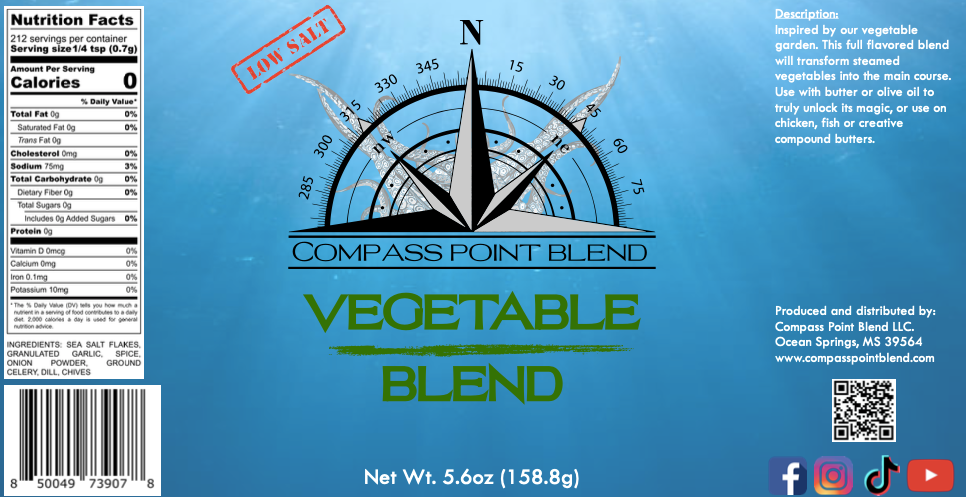 Compass Point Vegetable Blend Label: All-Natural, Low Salt Seasoning for Vegetables & More