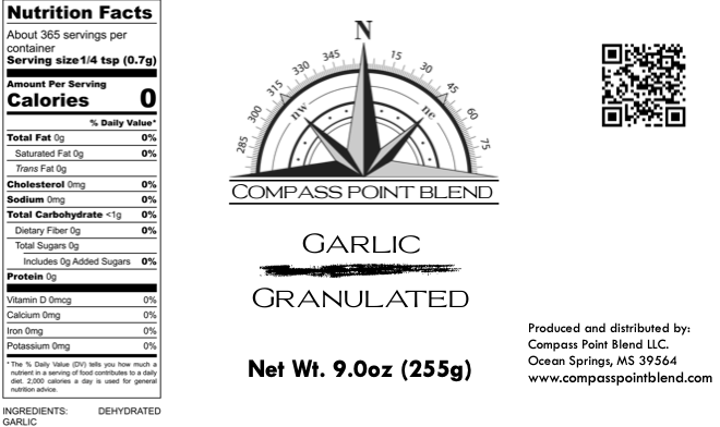Compass Point Blend Granulated Garlic Spice Label.  Net WT 9.0 oz.