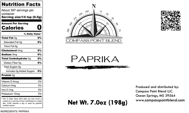Compass Point Blend Paprika Spice Label: Nutrition Facts, Ingredients, and Branding on Product Packaging