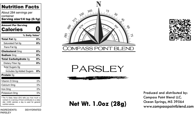 Compass Point Blend Parsley Spice Label with Nutrition Facts, Ingredients, and Net Weight.