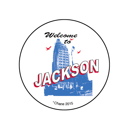 Welcome to Jackson, Mississippi T-shirt Design. Cityscape, birds, and the name Jackson. Black, red and blue design.