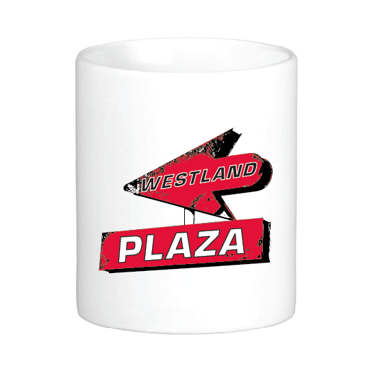Westland Plaza Mug: Retro Sign Design, Vintage Style Souvenir Coffee Cup