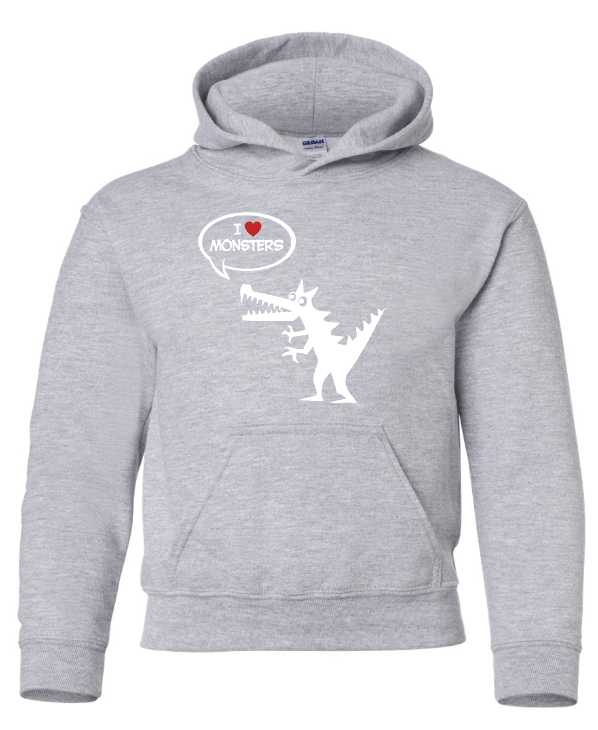 I HEART MONSTERS Kids Hoodie - Grey Pullover Sweatshirt with Monster Graphic. Funny, Cute Monster Lover Gift.