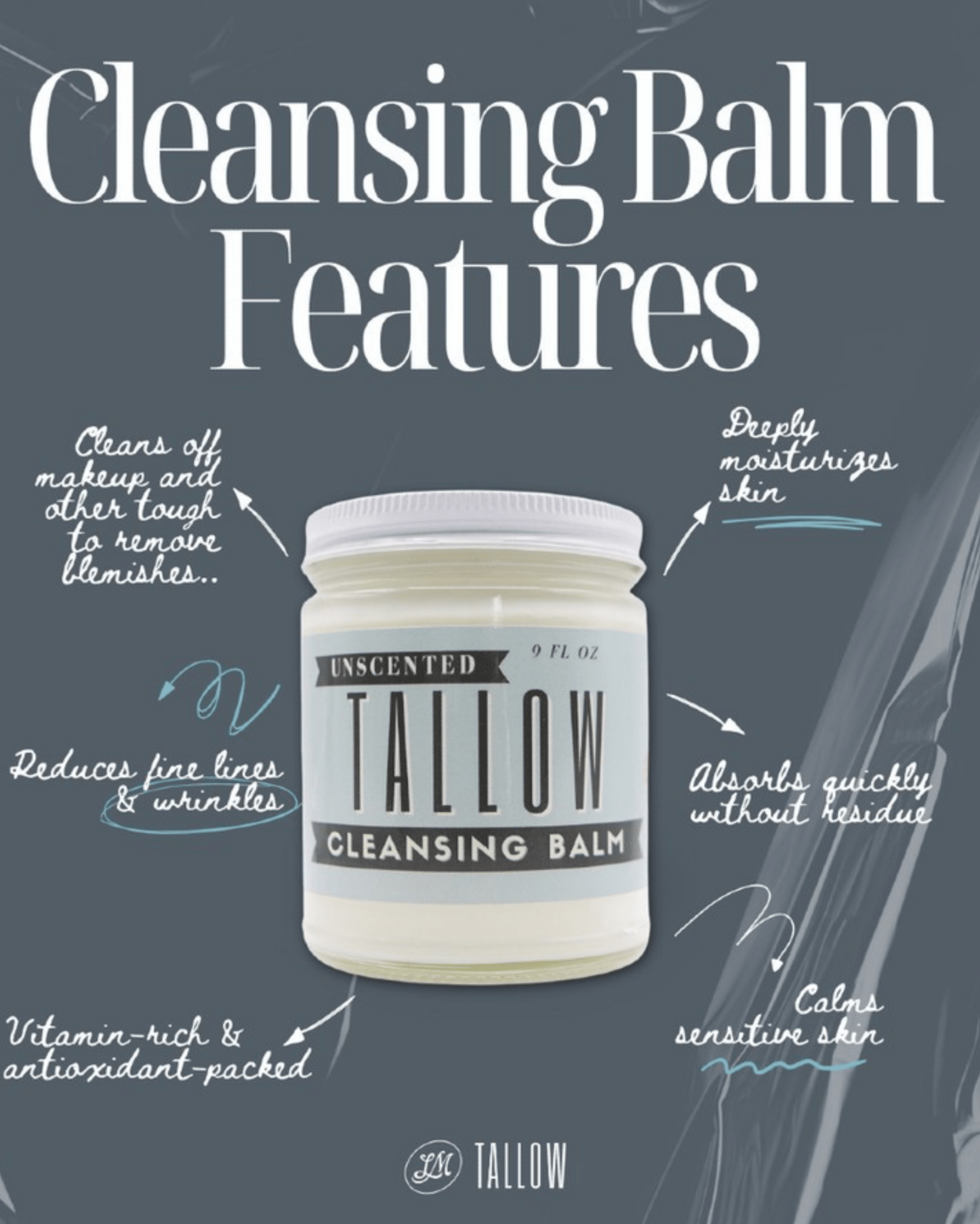Unscented Tallow Cleansing Balm | Natural Makeup Remover & Deep Moisturizing Cleanser | Grass-Fed Beef Tallow with Castor Oil