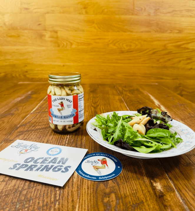 The Lady May Italian Pickled Garlic - Small Batch Basil Oregano Parsley Garlic