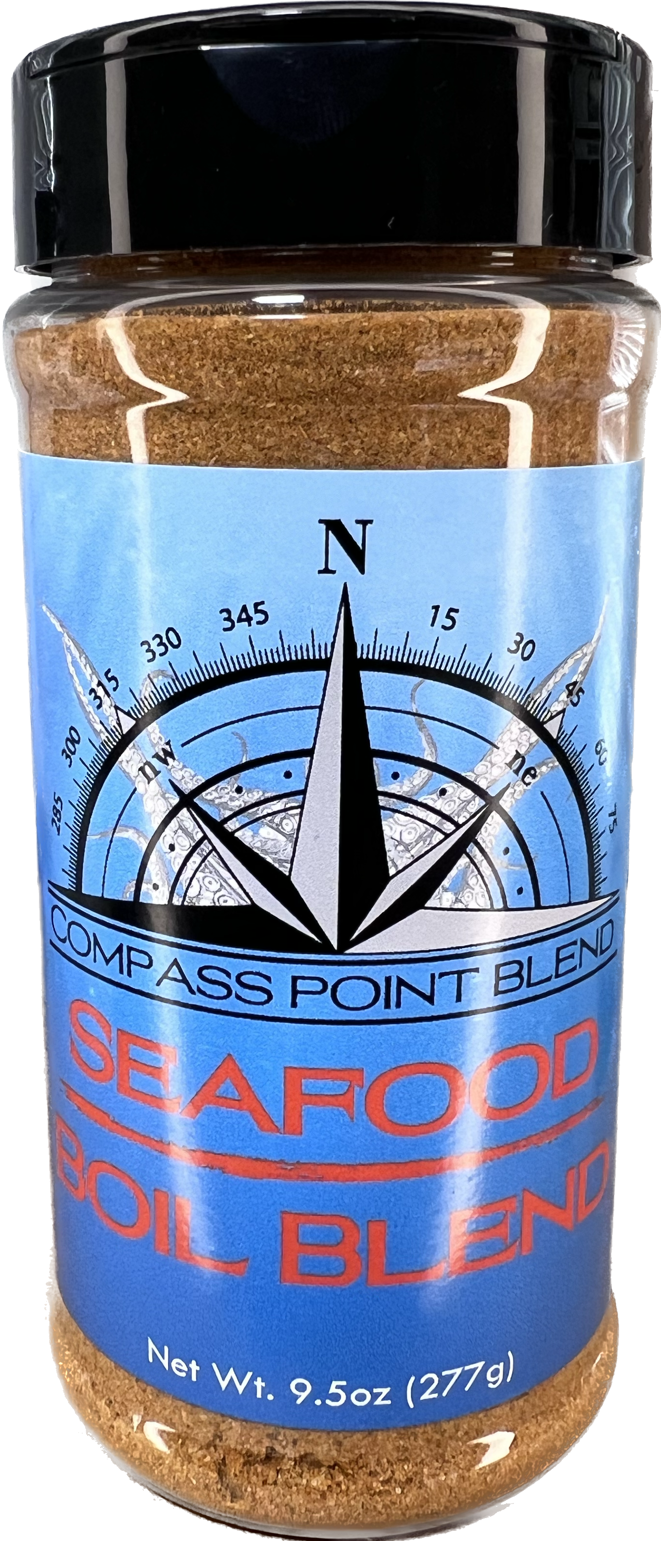 Compass Point Seafood Boil Blend: Seafood seasoning blend in jar with compass design label. 9.5oz net weight.