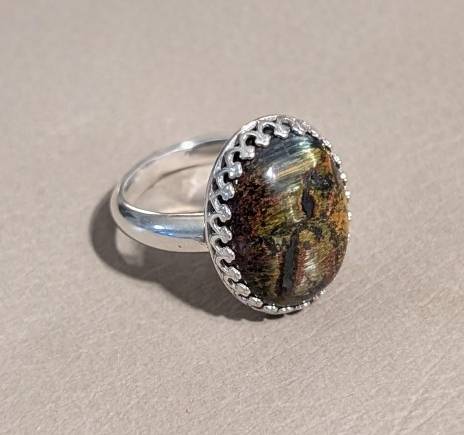 Side angle of Mara Mamba Tiger Eye ring – rare stone set in sterling silver.