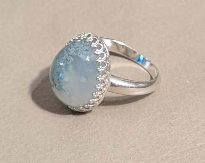  Side angle of handcrafted Moss Agate ring – sterling silver setting and natural stone from Mississippi.
