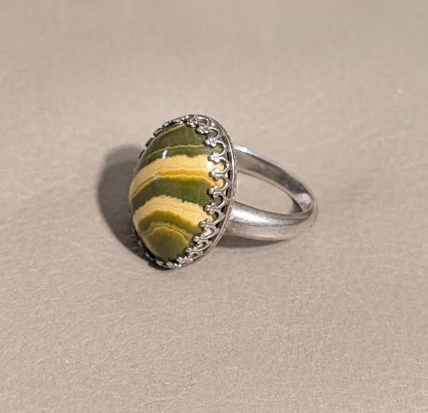 Ocean Jasper Sterling Silver Ring: Green & Yellow Gemstone Jewelry, Size 7