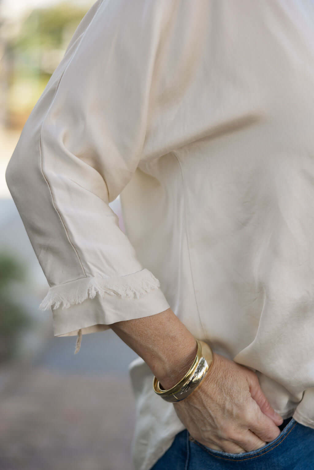 Italian Silk Blend Blouse: Ruffle Trim Button Up Top. Elegant Designer Fashion.