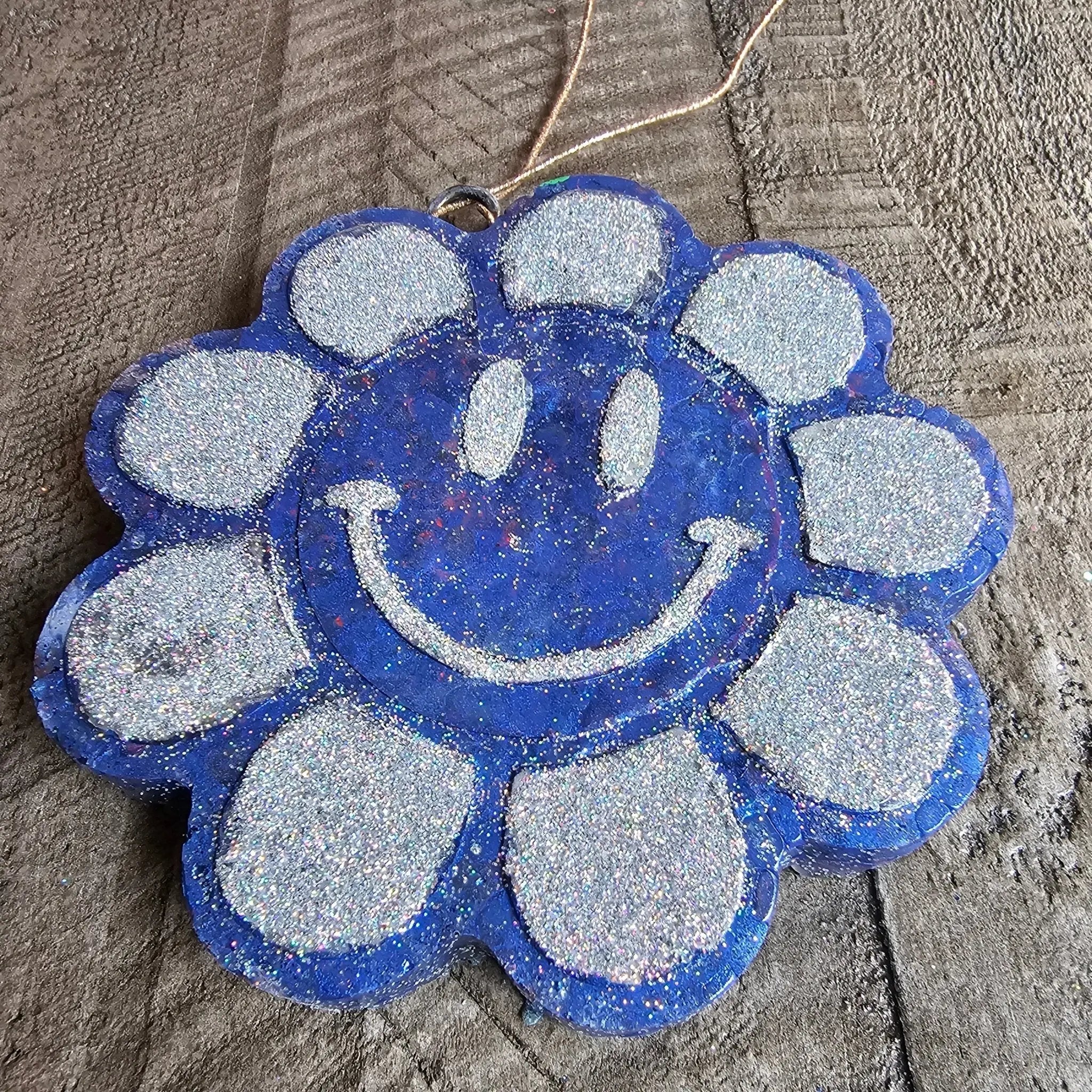 Blue Smiley Face Daisy Car Freshie: Handmade Aroma Bead Air Freshener, Boho Style