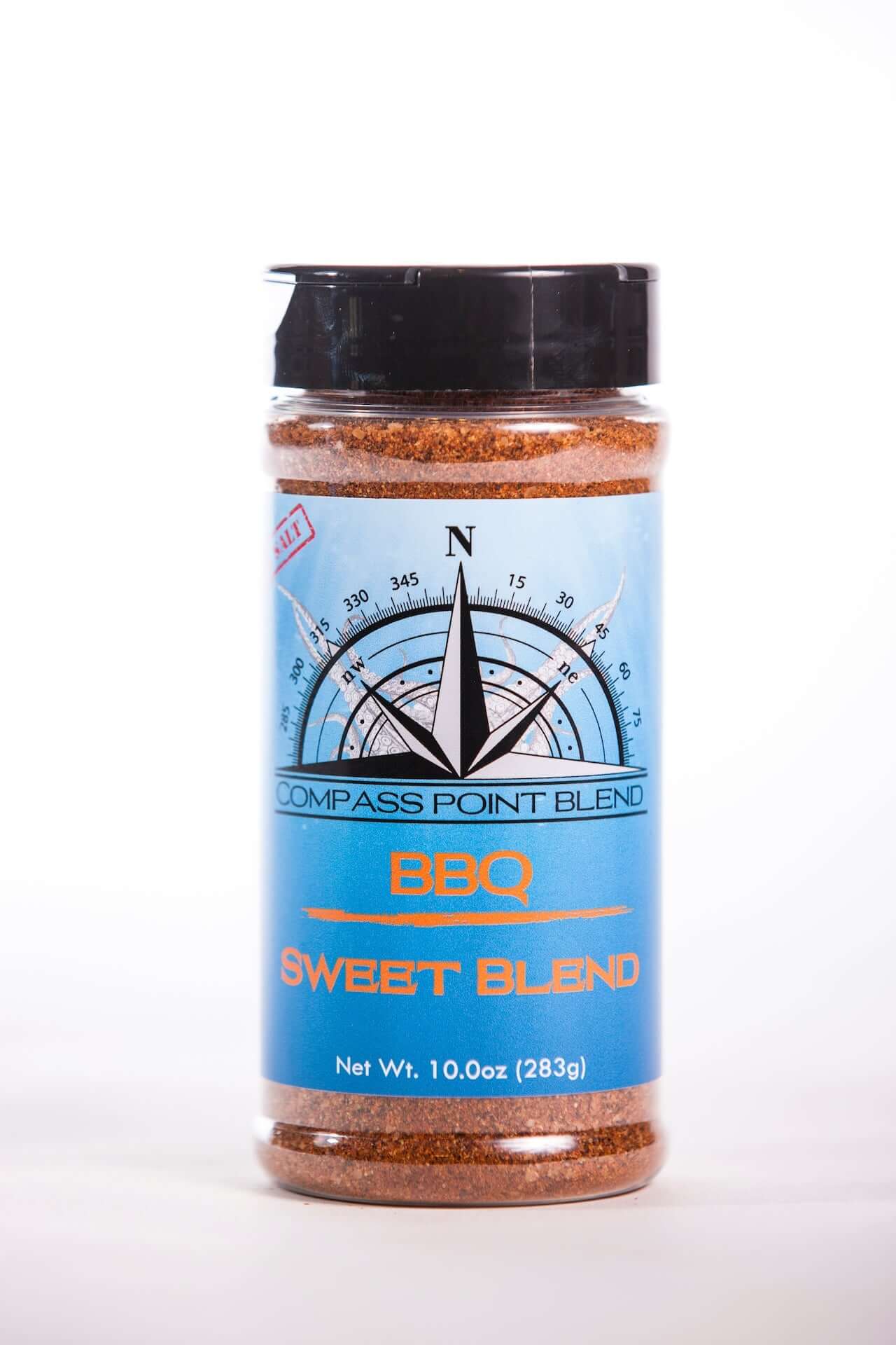 Smoky Sweet BBQ Blend seasoning in clear spice jar by Compass Point Blends