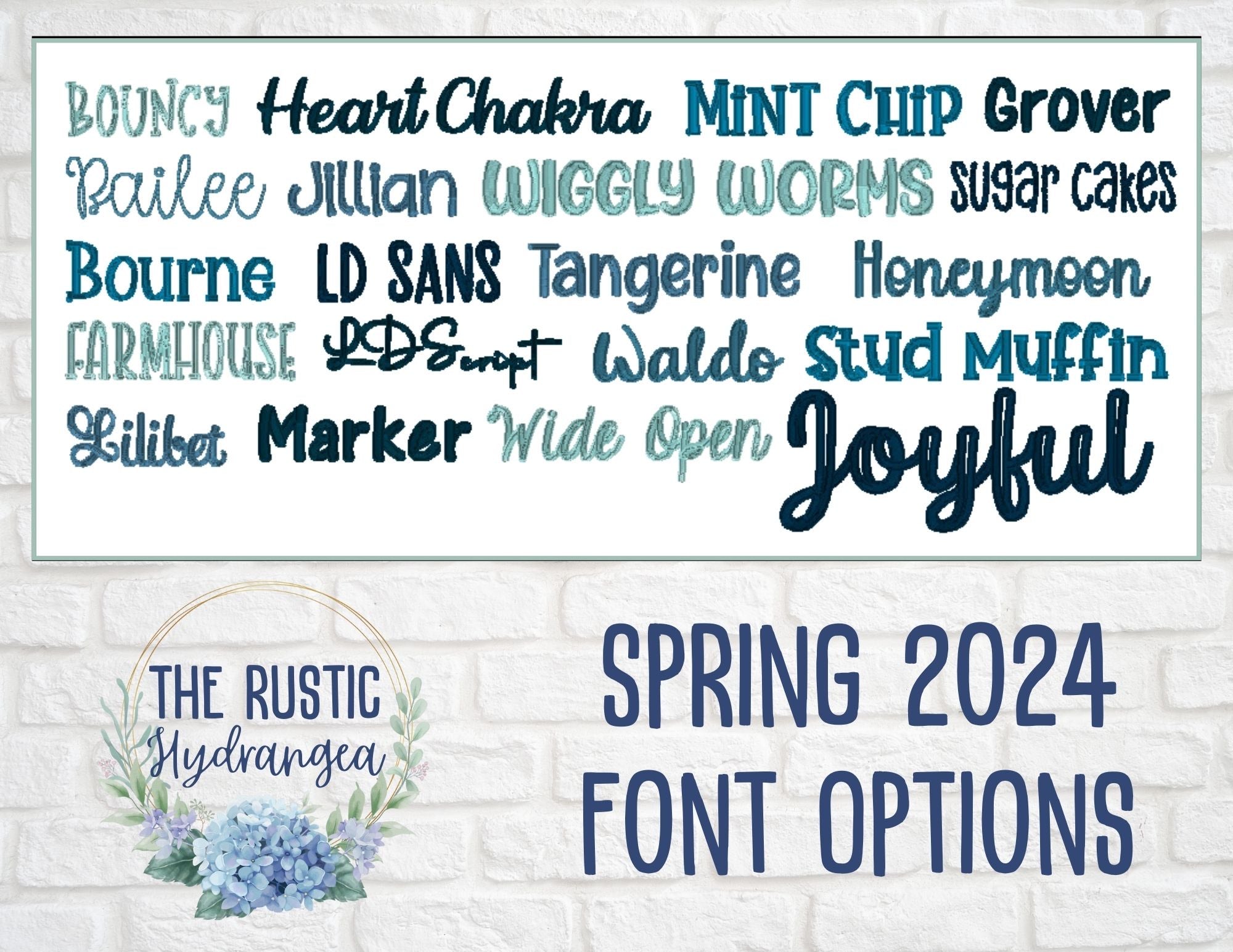 Spring 2024 Font Options by The Rustic Hydrangea: Diverse typography examples.