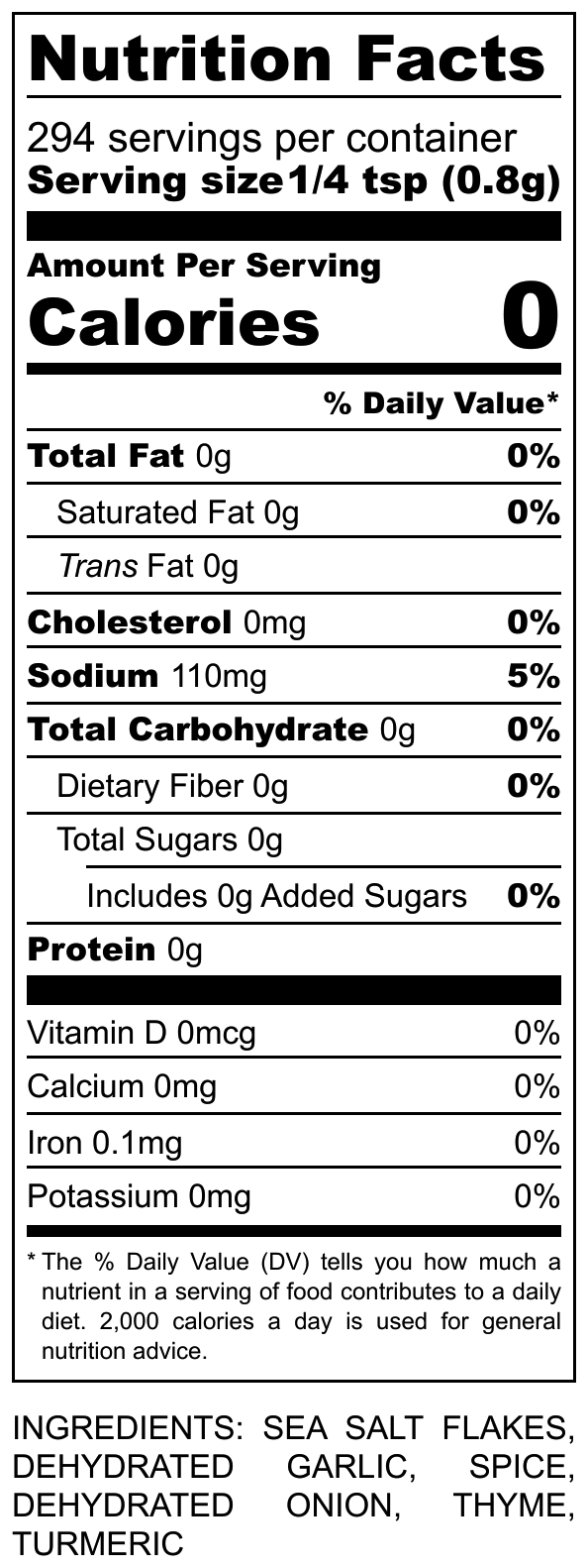 Nutrition Facts Label: Steak Blend - Calories 0, Sodium 110mg (5% DV), 294 servings. See ingredients: sea salt, garlic, spice, thyme.