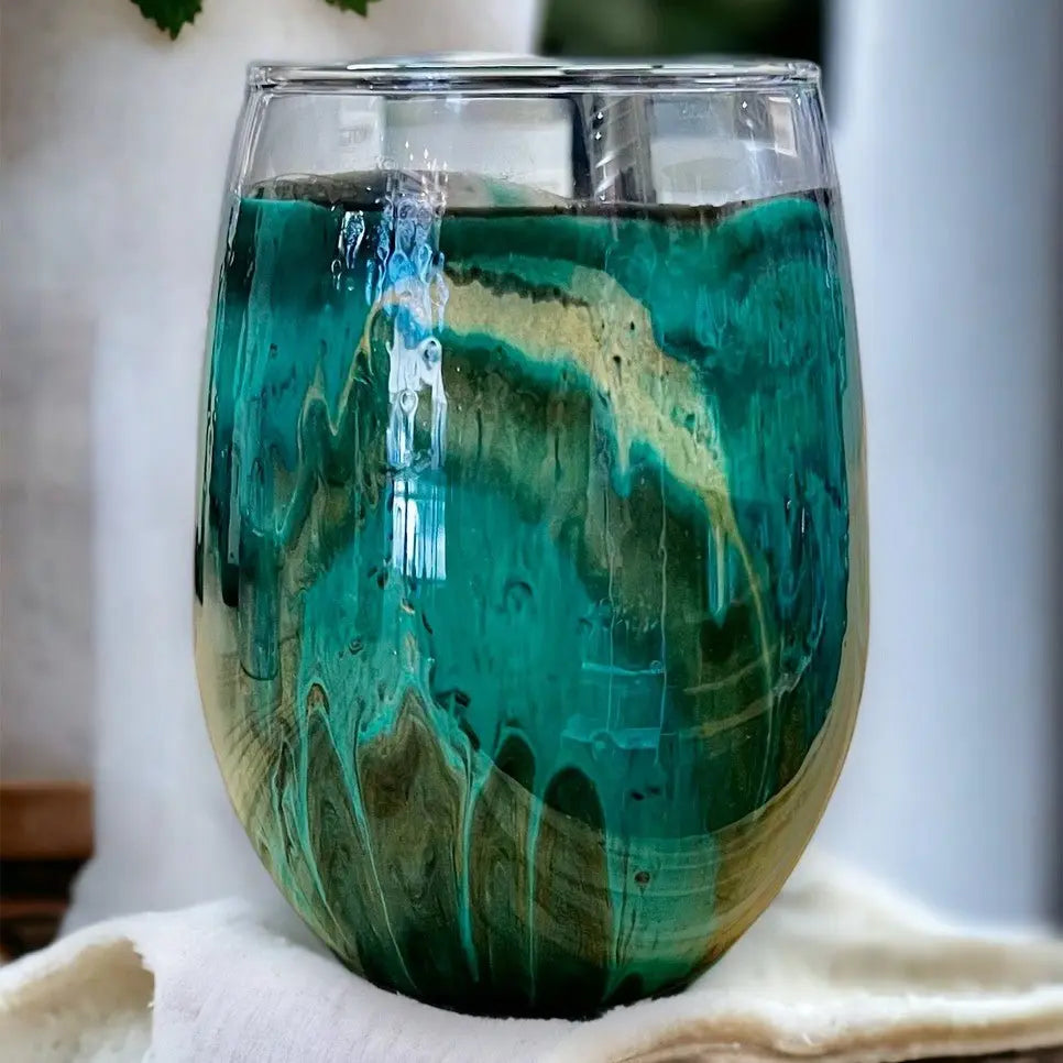 Hand-Painted Stemless Wine Glass: Unique Teal & Gold Design, 20 oz. | Main Street Collective L.L.C.