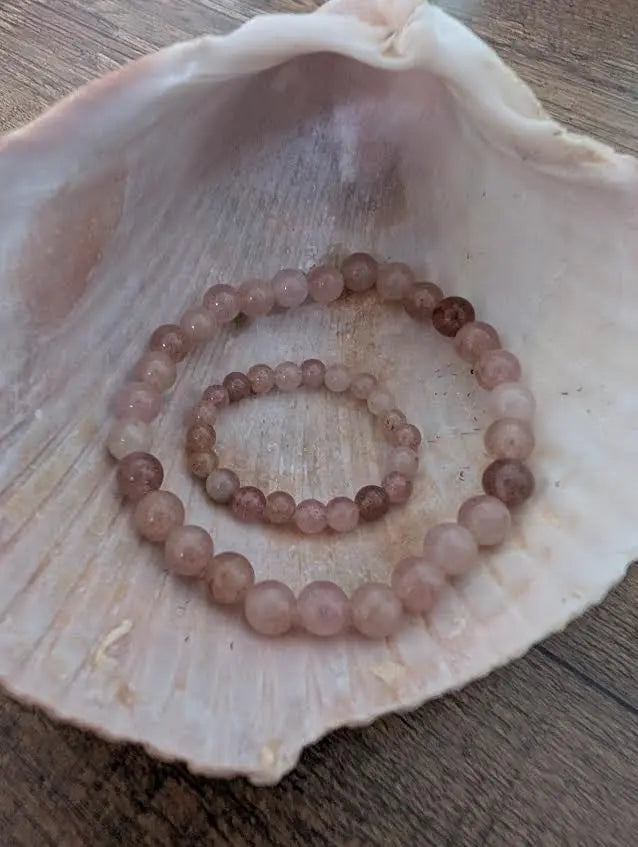 Strawberry Quartz Mother & Child Bracelet Set - Handmade Jewelry, Matching Beaded Bracelets in Shell