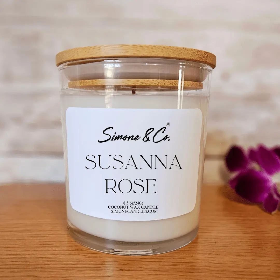 Susanna Rose Candle - Simone & Co. Luxury Rose Amber Scented Candle, Coconut Wax, Wooden Wick