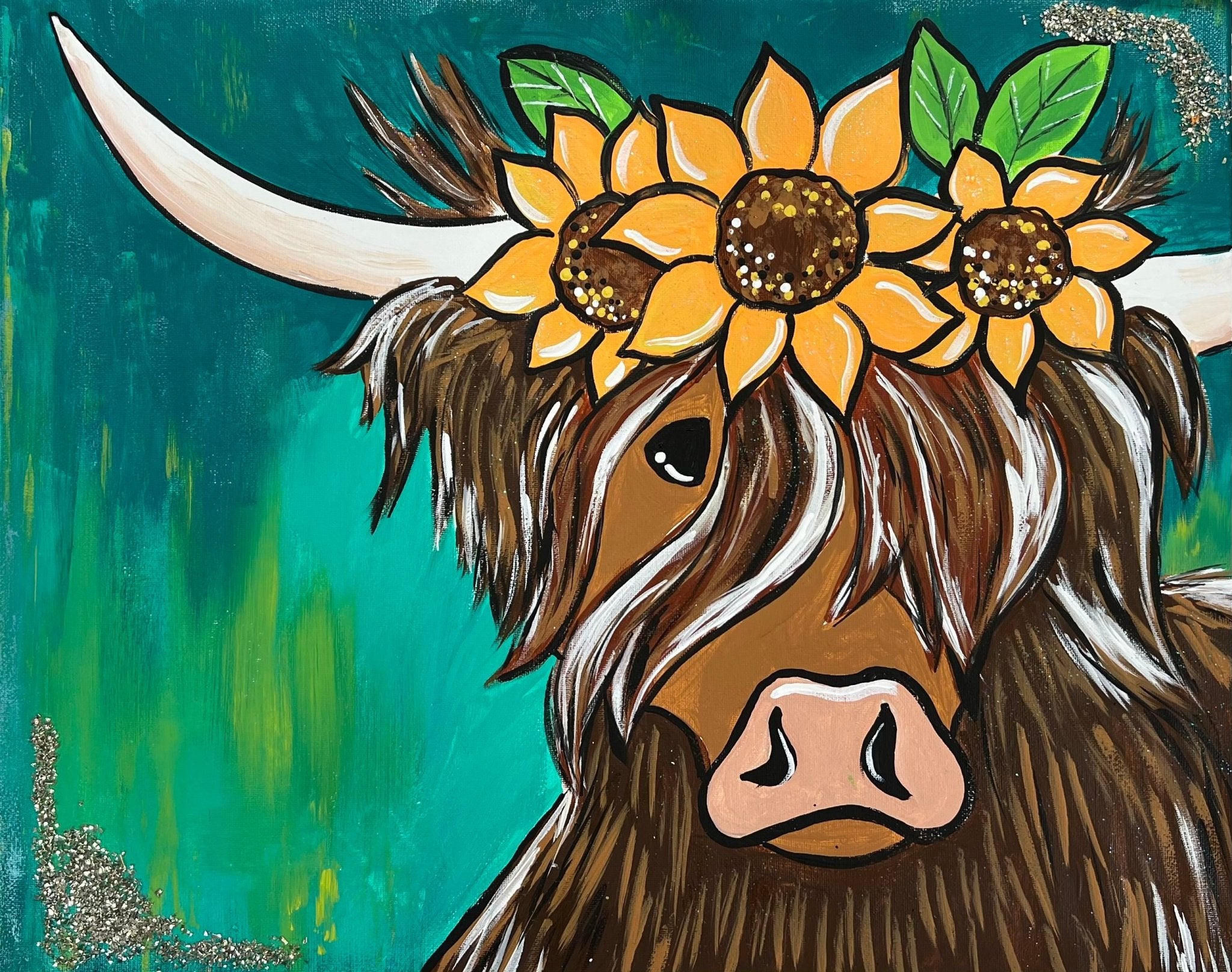 Highland Cow Painting with Sunflower Crown: DIY Art on Canvas