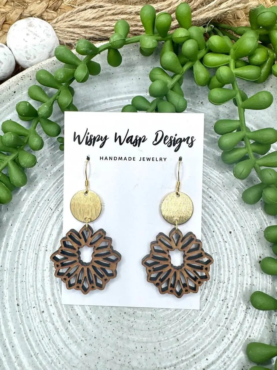 Boho Wood Earrings | Wispy Wasp Handmade Walnut Earrings | Gold Hypoallergenic Dangles