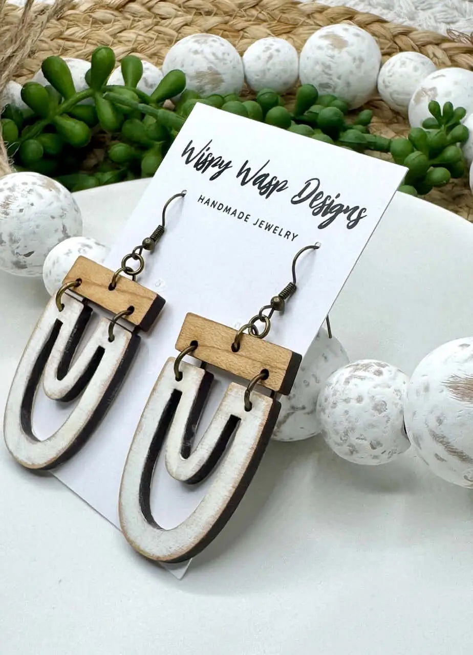 Boho Wooden Earrings: The Arch Earring by Wispy Wasp - Handmade, Distressed White Wood & Brass Hooks