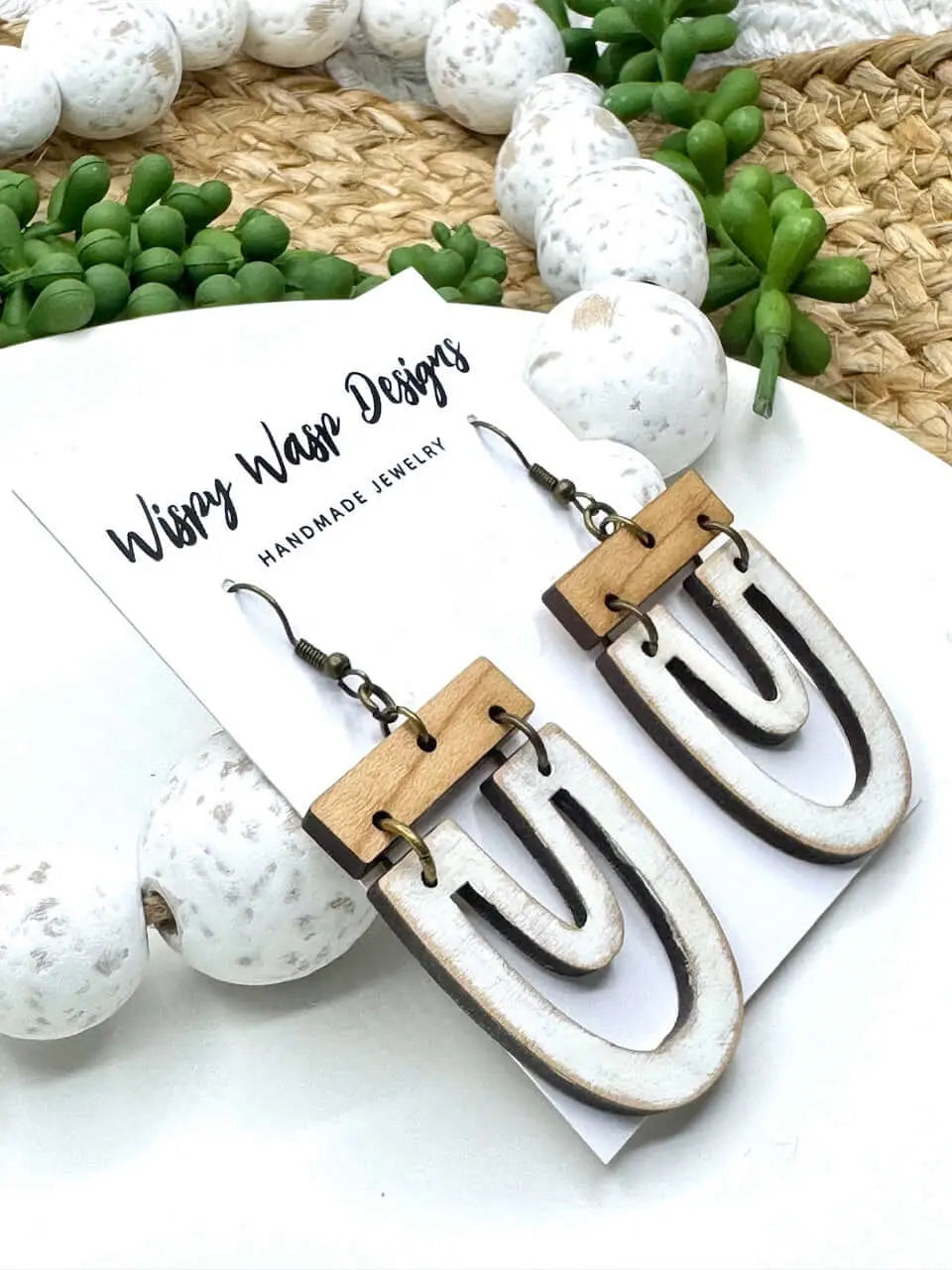 Wispy Wasp: Handmade Wood Earrings - Boho Chic Arch Design, Rustic White Earrings, Made in Mississippi