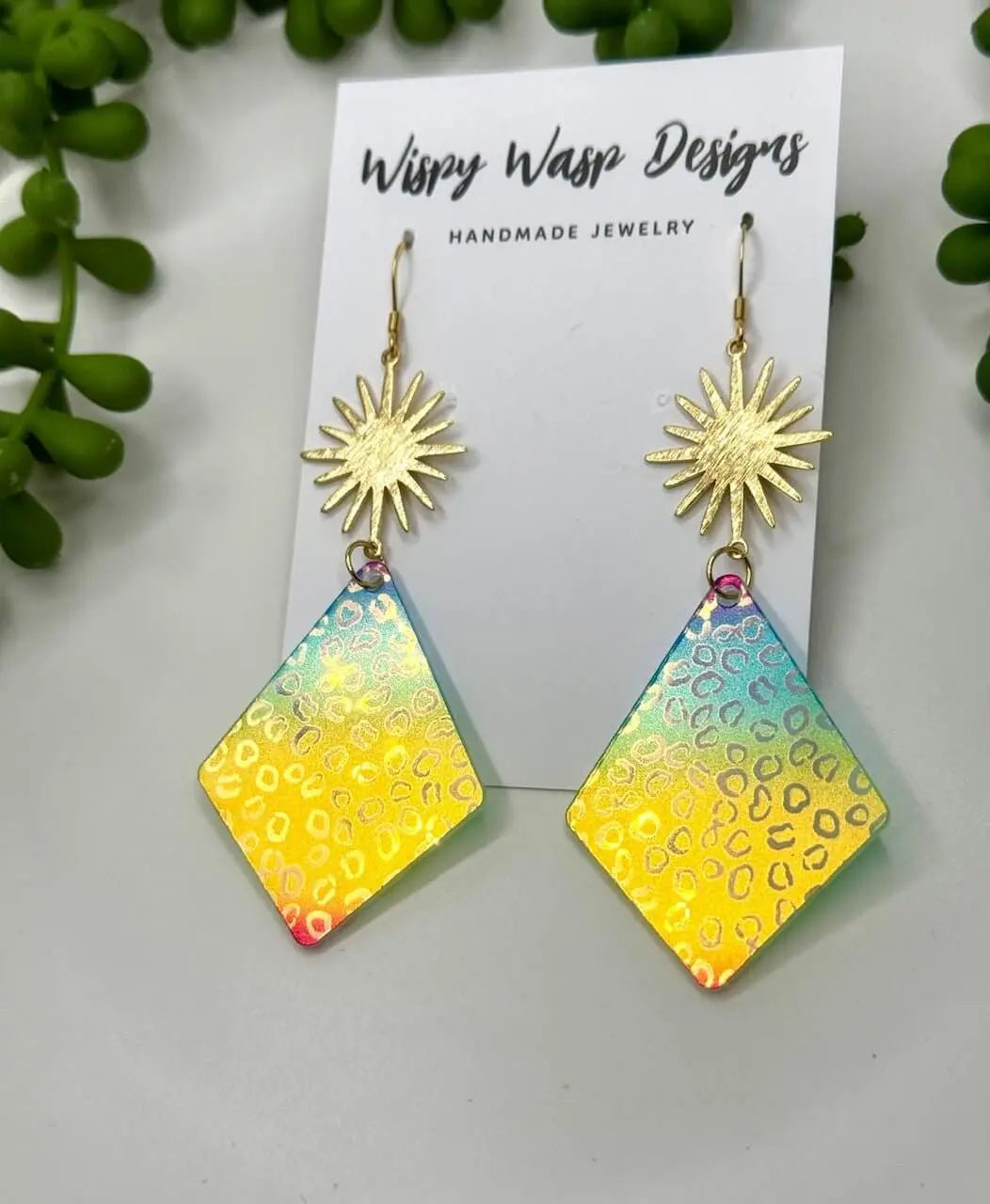 Wispy Wasp Handmade Earrings: Rainbow Leopard Sunburst Design. Lightweight, Hypoallergenic Jewelry from Mississippi Designer