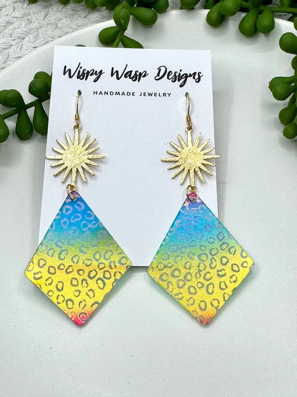 Wispy Wasp Handmade Earrings: Leopard Rainbow Acrylic, Gold Sunburst. The Bay Earring. Colorful Jewelry