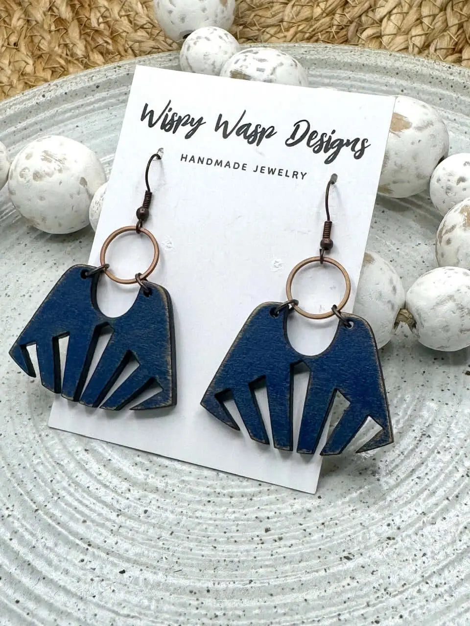 Boho Wooden Earrings: Wispy Wasp Birch Earrings - Geometric Navy Wood & Copper Handmade Jewelry