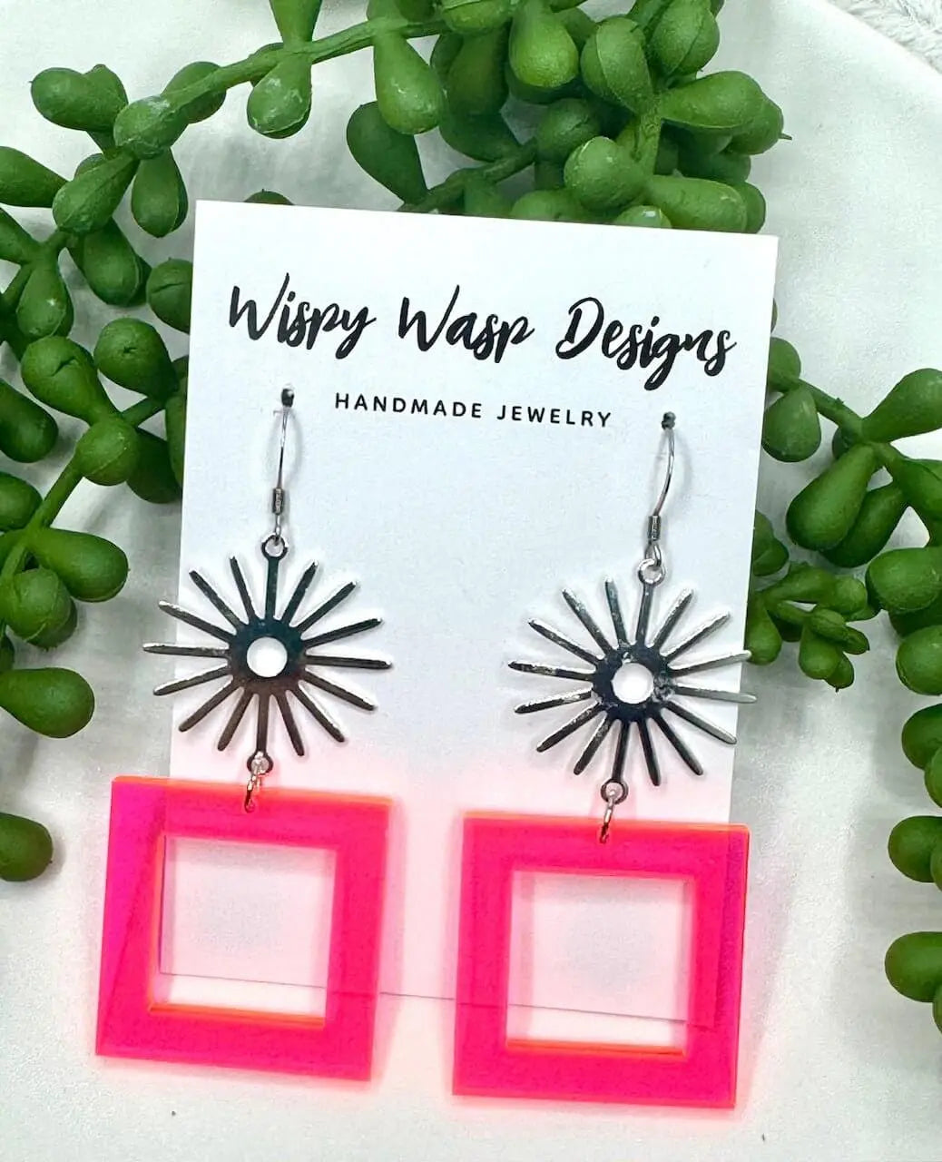 Wispy Wasp Handmade Earrings: Fluorescent Pink Square Acrylic & Silver Stainless Steel Hypoallergenic Jewelry
