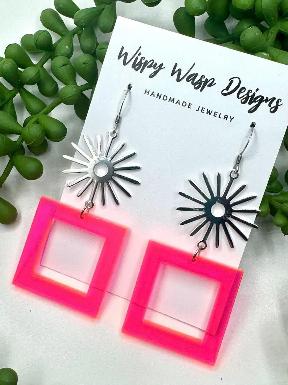 Wispy Wasp Handmade Earrings: Fluorescent Pink Acrylic Squares, Silver Connectors. Statement Jewelry, Shop Now!