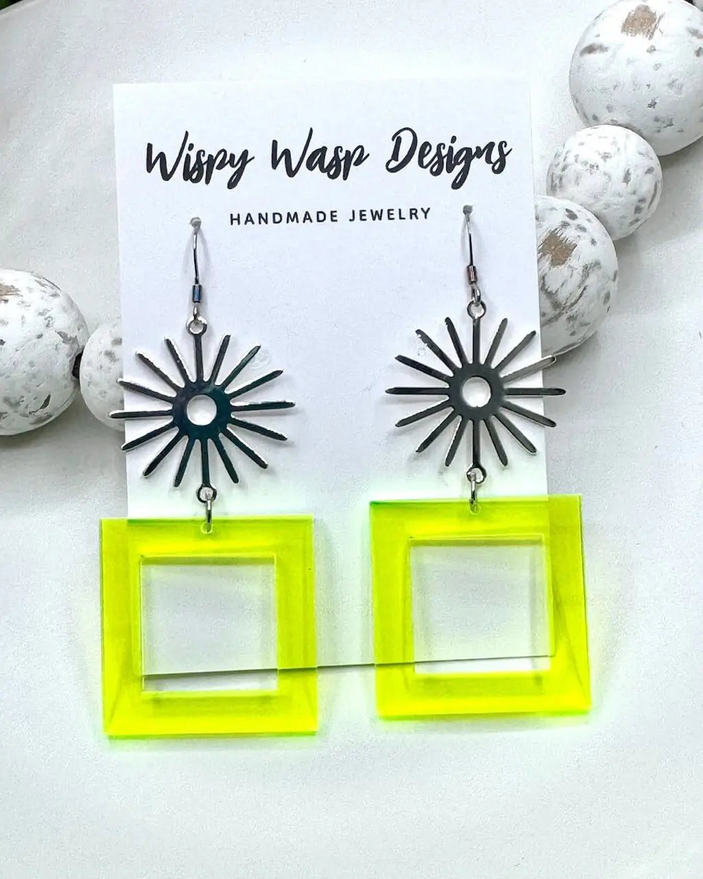 Neon Earrings: Wispy Wasp Handmade Geometric Statement Earrings. Funky Square Dangles.