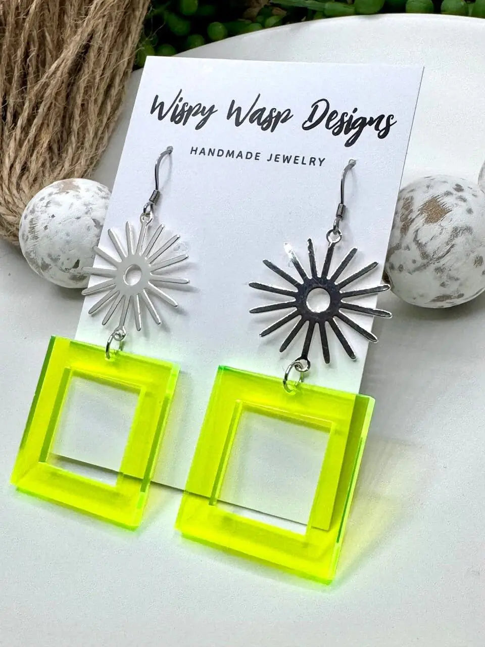 Wispy Wasp Geometric Earrings: Handmade Neon Square Jewelry. Bold Mississippi style!