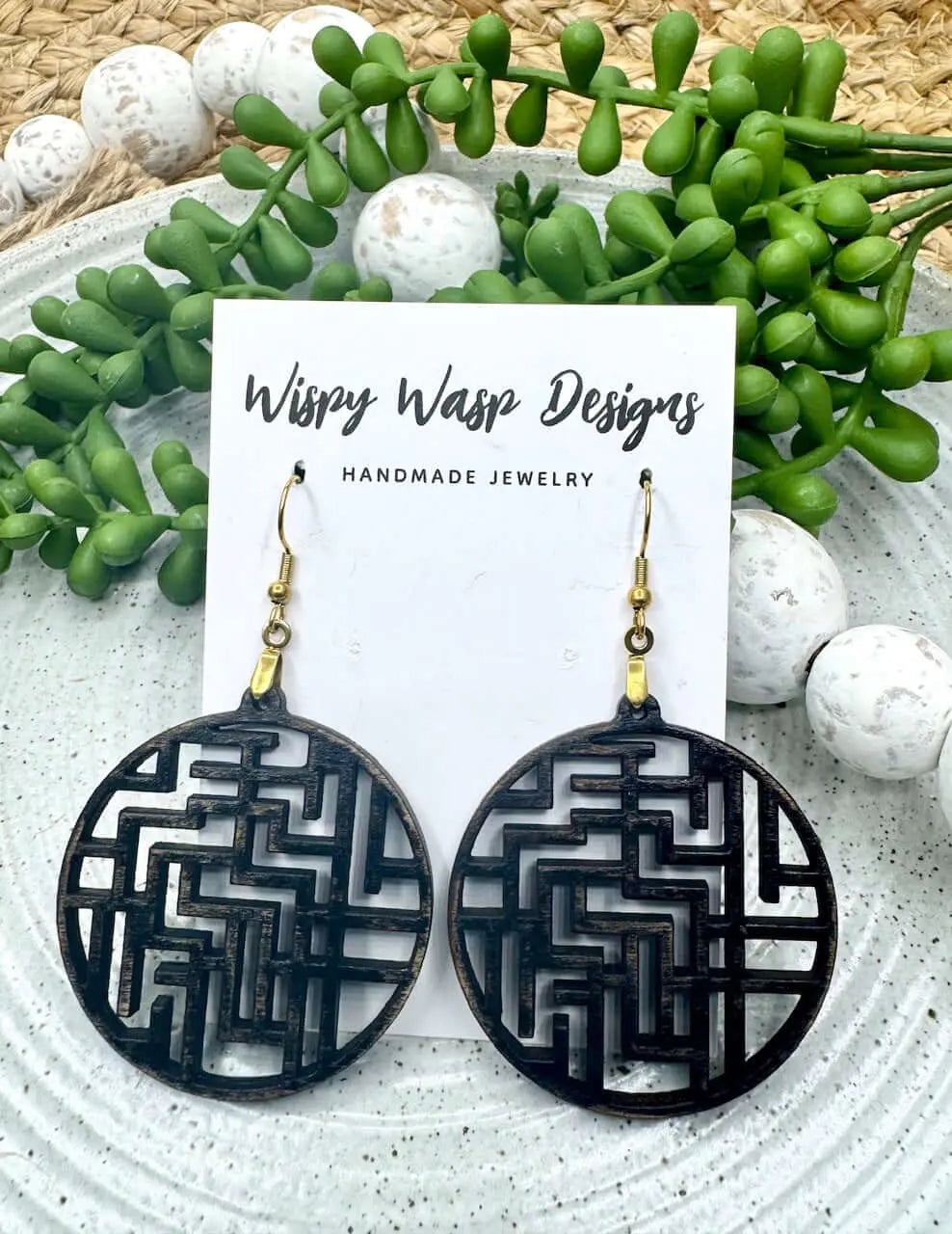 Boho Wood Earrings: Handmade Circle Maze Design Jewelry, Gold Plated Hooks. Handmade Mississippi Gift, Wispy Wasp Designs