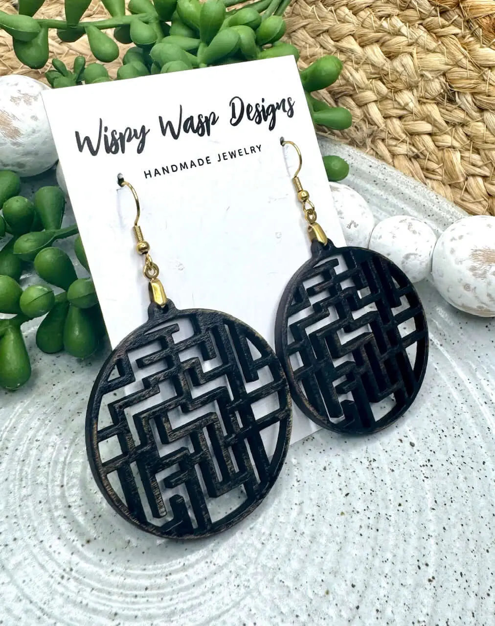 Distressed Wood Earrings: Boho Geometric Jewelry by Wispy Wasp Designs. Handmade, Lightweight, Hypoallergenic