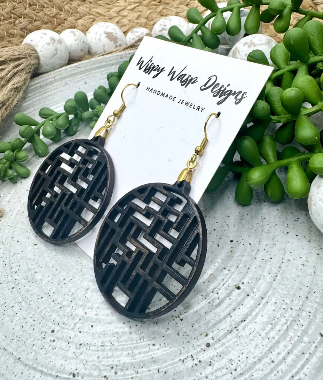Wispy Wasp wood earrings: Boho geometric handmade earrings, walnut wood, unique design. Handmade in Mississippi