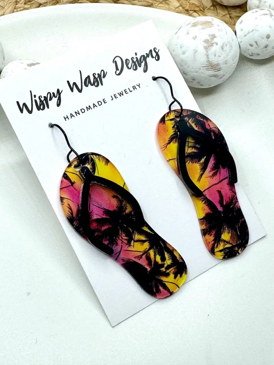 Flip Flop Earrings: Palm Tree Sunset. Handmade Beach Jewelry by Wispy Wasp Designs - Summer Earrings for Women