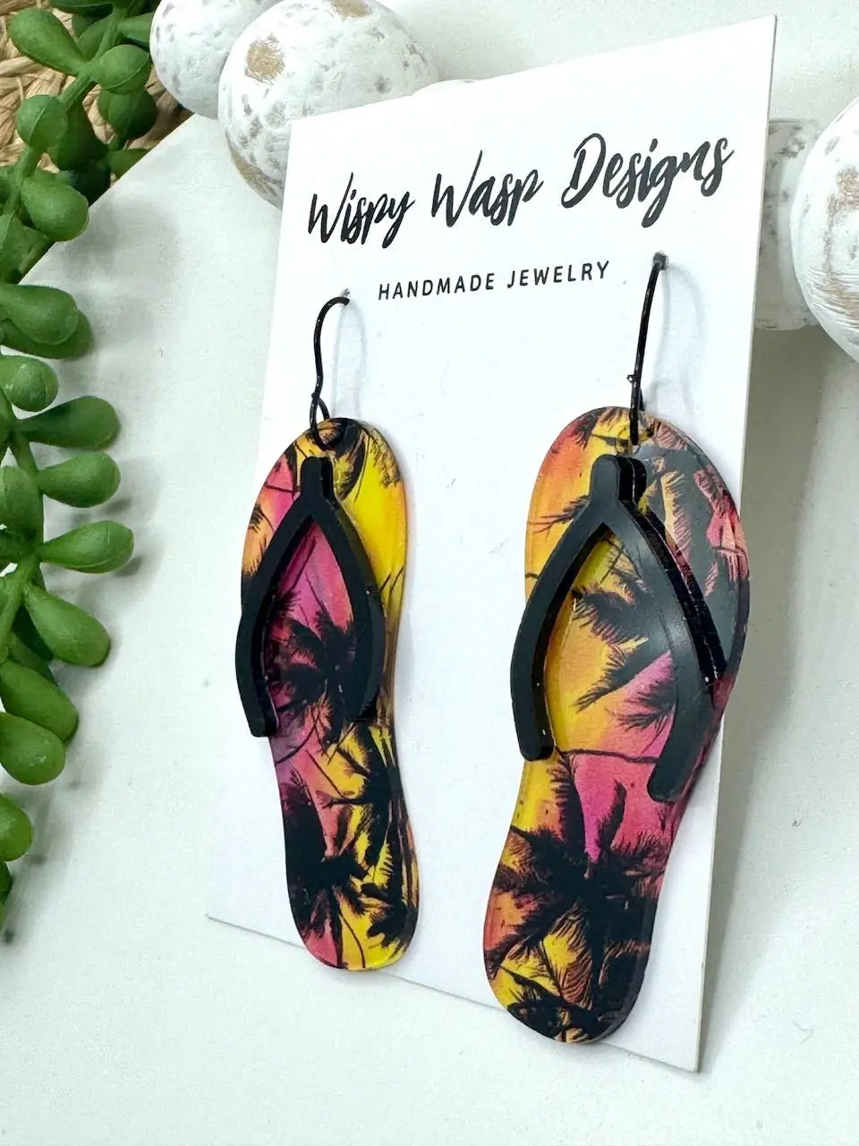 Palm Tree Flip Flop Earrings - Tropical Summer Jewelry - Wispy Wasp Designs