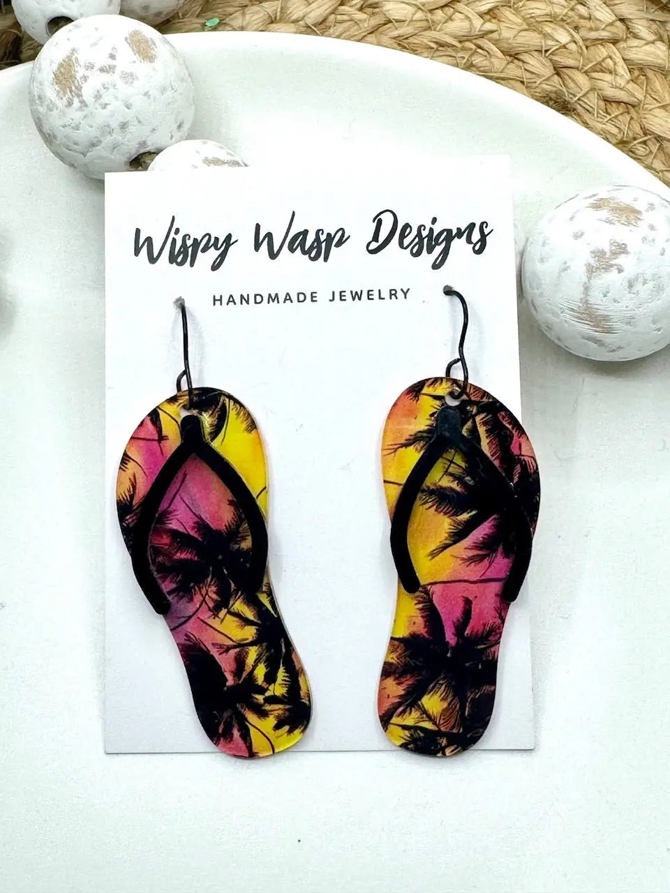 Flip Flop Earrings Handmade in Mississippi Palm Tree Summer Jewelry Beach Earrings Wispy Wasp Design